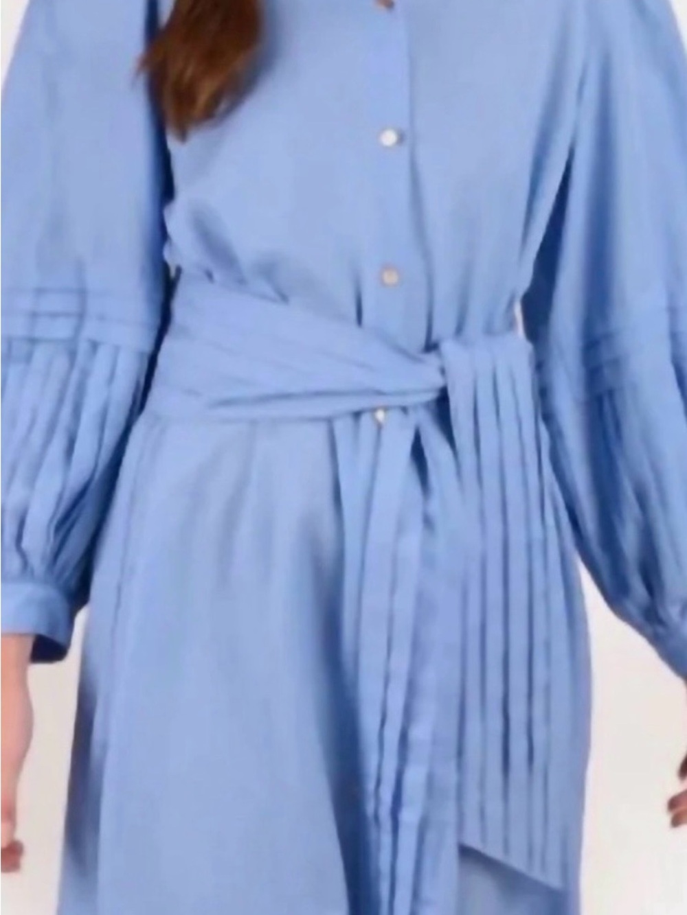 Emily McCarthy Light Blue Button-Front Shirt Dress with Pleated Sash